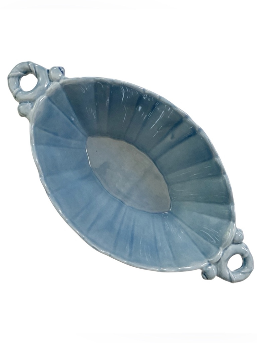Vintage Blue Glazed Ceramic Centerpiece Bowl Leaf Handle MCM Console Bowl